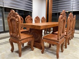 Bàn ăn nguyên khối 10 ghế hồng hạt gỗ hương đá siêu vip (Anh Hồng, Hà Nội) 28 bộ bàn ăn 10 ghế tiện nghi
