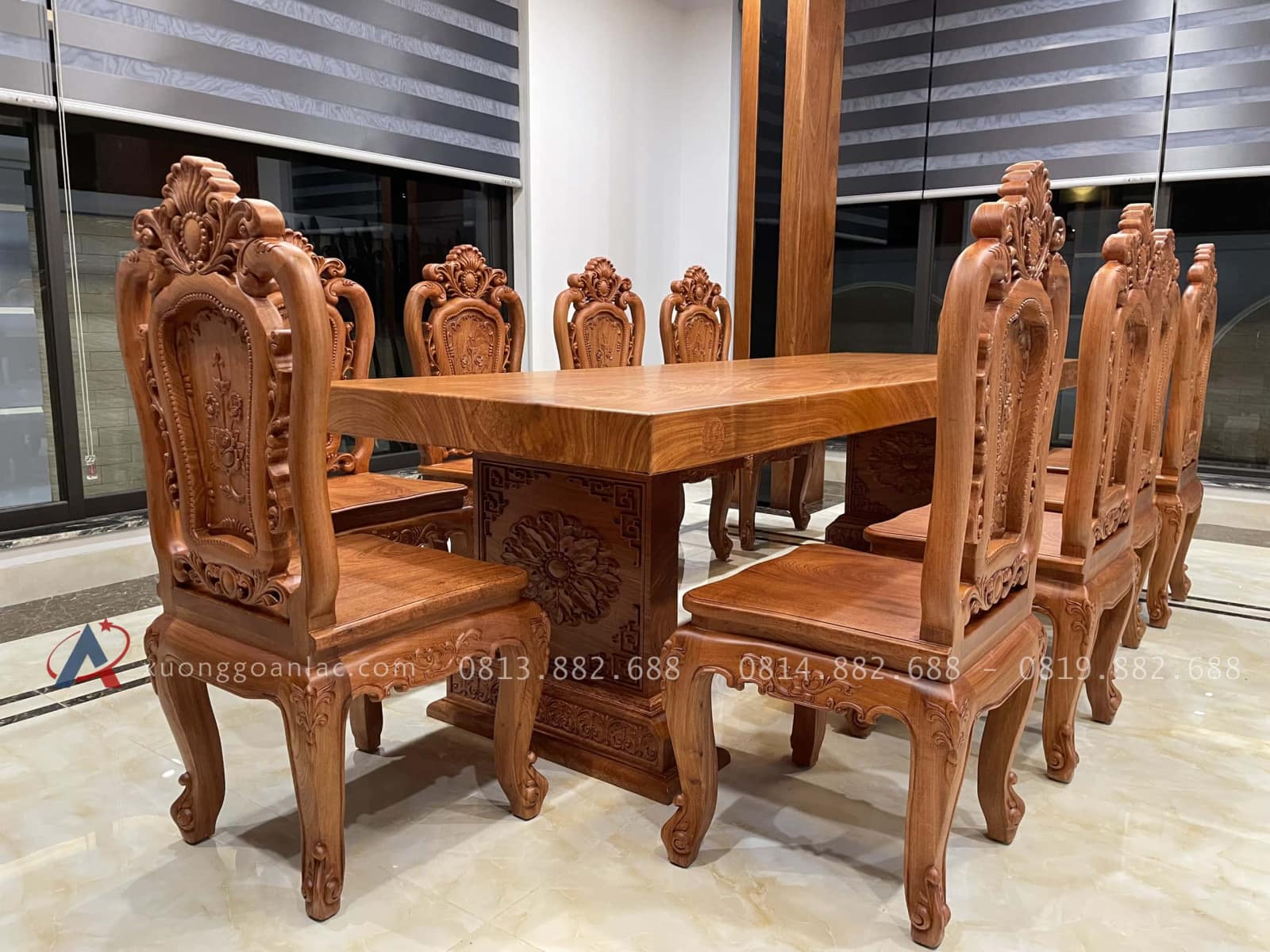 Bàn ăn nguyên khối 10 ghế hồng hạt gỗ hương đá siêu vip (Anh Hồng, Hà Nội) 43 bộ bàn ăn 10 ghế tiện nghi