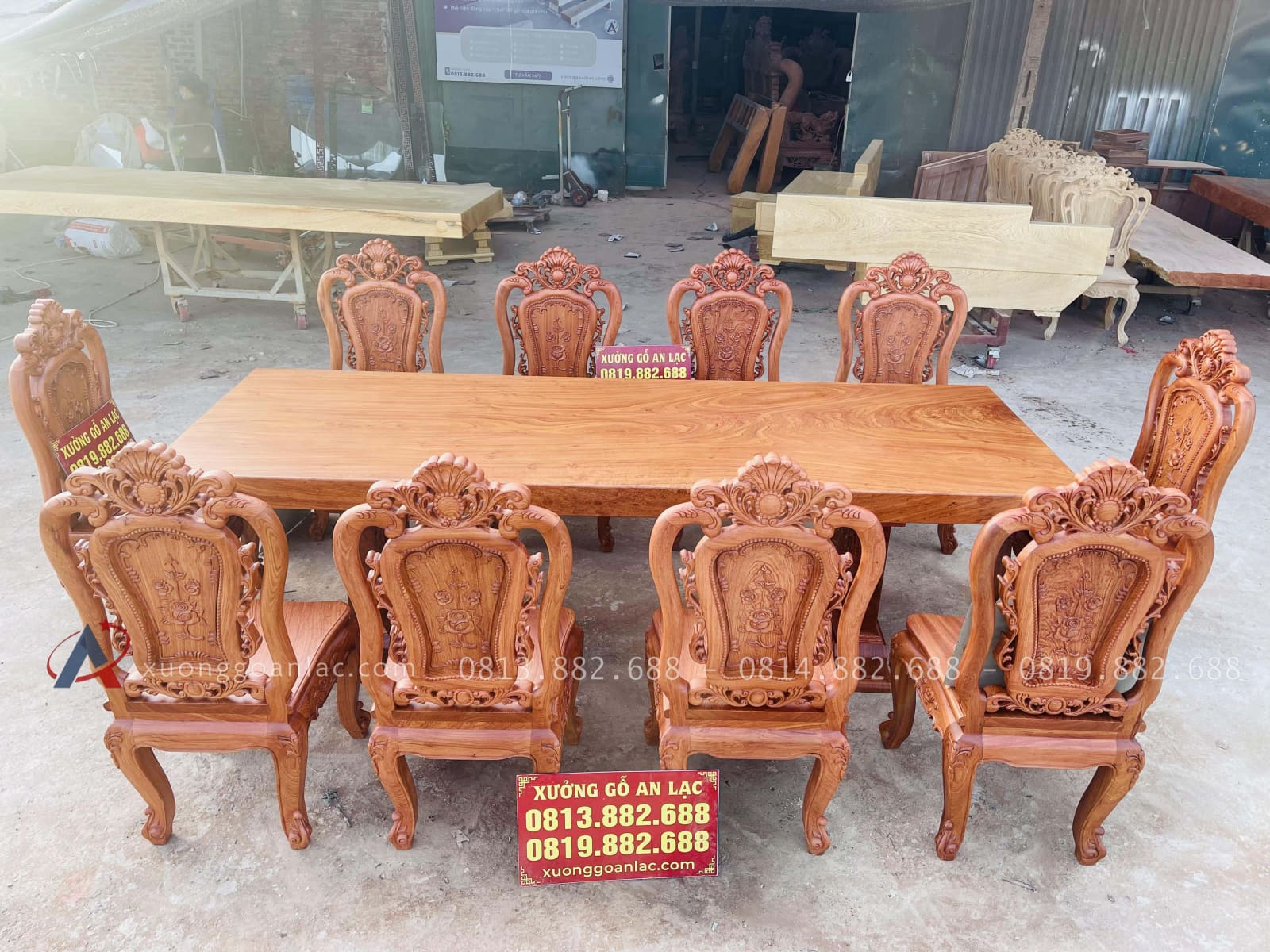 Bàn ăn nguyên khối 10 ghế hồng hạt gỗ hương đá siêu vip (Anh Hồng, Hà Nội) 31 bộ bàn ăn gỗ hương đá