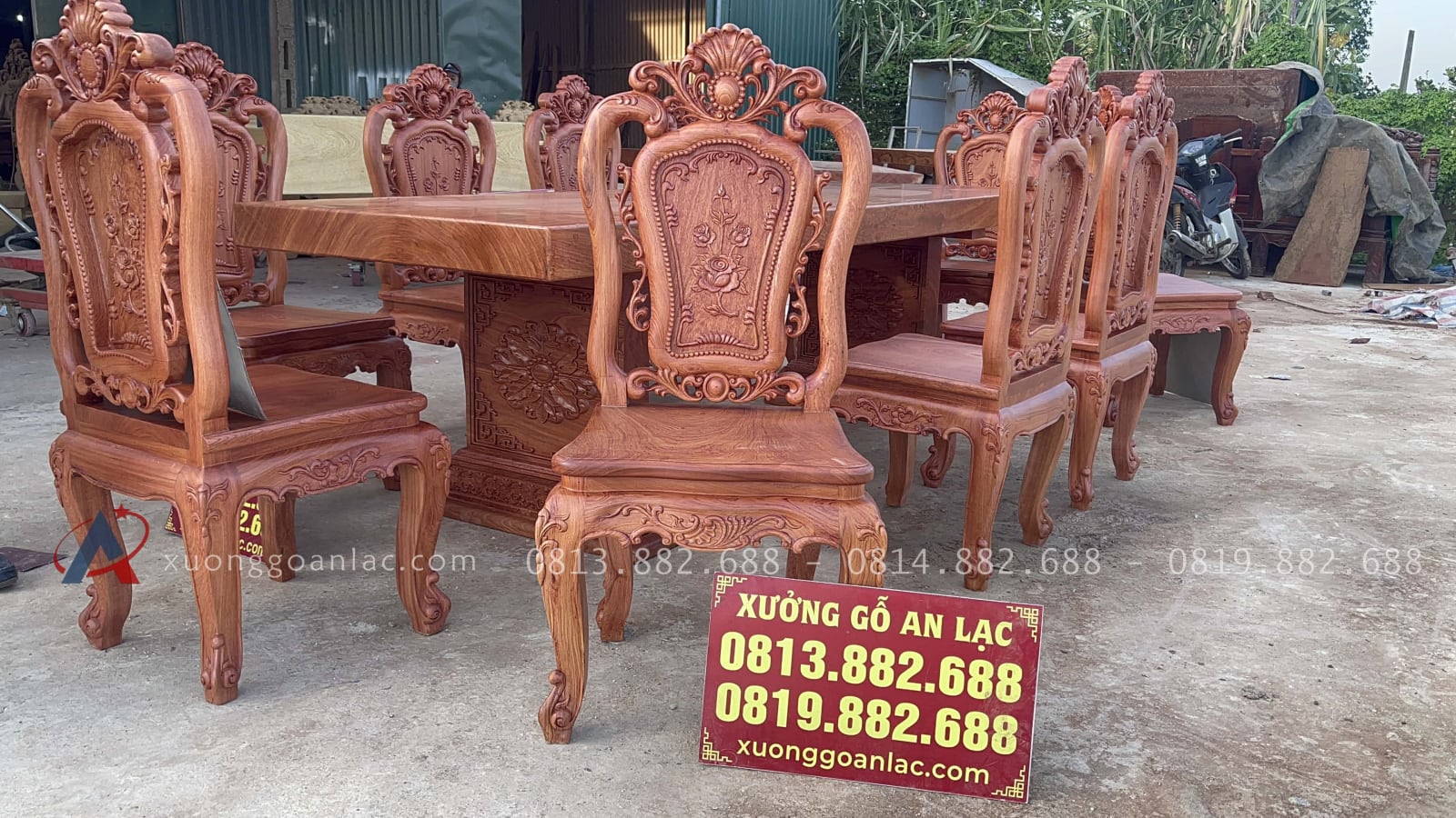 Bàn ăn nguyên khối 10 ghế hồng hạt gỗ hương đá siêu vip (Anh Hồng, Hà Nội) 33 bộ bàn ăn 10 ghế