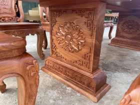 Bàn ăn nguyên khối 10 ghế hồng hạt gỗ hương đá siêu vip (Anh Hồng, Hà Nội) 22 chân bàn đục hoa lá tây