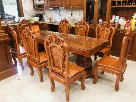 bàn ăn nguyên khối 8 ghế gỗ hương đá