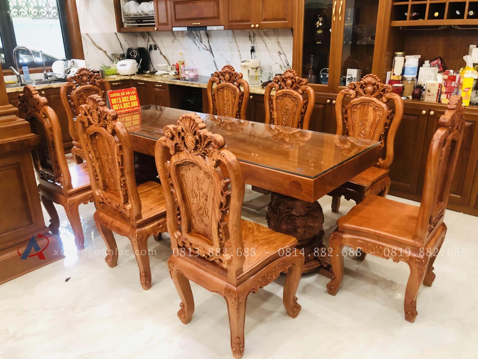 Bộ bàn ăn nguyên khối 8 ghế hồng hạt đục hai mặt gỗ hương đá cao cấp (Anh Đài, Bắc Ninh) 22 bàn ăn nguyên khối 8 ghế gỗ hương đá
