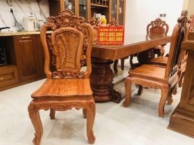 Bộ bàn ăn nguyên khối 8 ghế hồng hạt đục hai mặt gỗ hương đá cao cấp (Anh Đài, Bắc Ninh) 21 mặt ngồi nguyên tấm bóng mịn