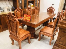 Bộ bàn ăn nguyên khối 8 ghế hồng hạt đục hai mặt gỗ hương đá cao cấp (Anh Đài, Bắc Ninh) 12 bàn ăn gỗ hương đá cao cấp