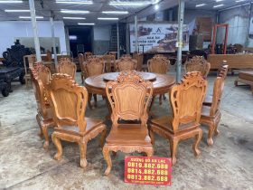 bàn ăn tròn 12 ghế louis gỗ gõ đỏ cao cấp