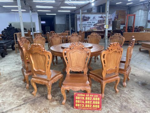 bàn ăn tròn 12 ghế louis gỗ gõ đỏ cao cấp