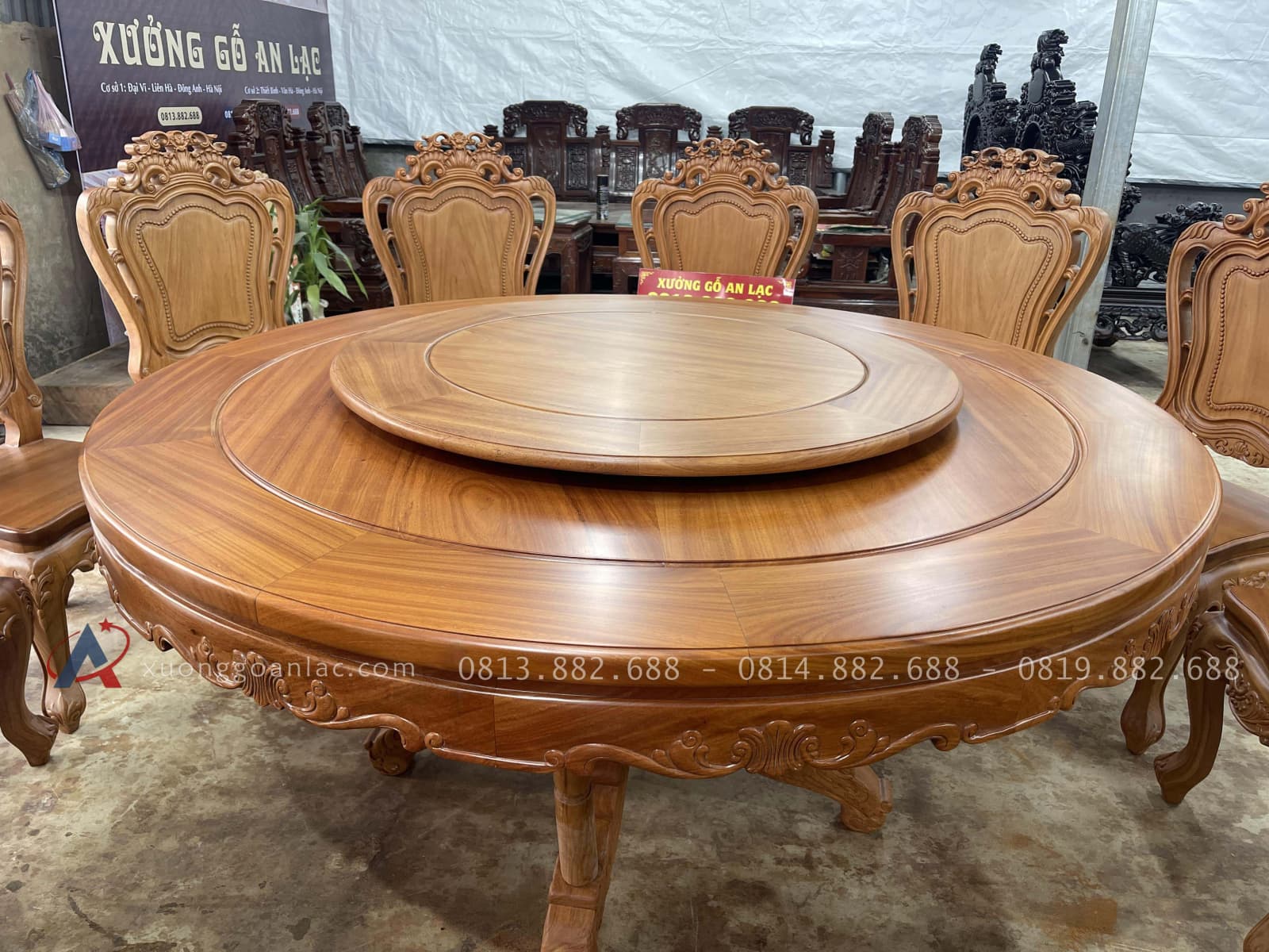Bàn ăn tròn 12 ghế louis gỗ gõ đỏ cao cấp (Chú Hưng,Thái Bình) 20 mẫu bàn tròn đường kính 1m67