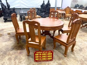 bàn ăn tròn 6 ghế chữ lan gỗ gõ đỏ