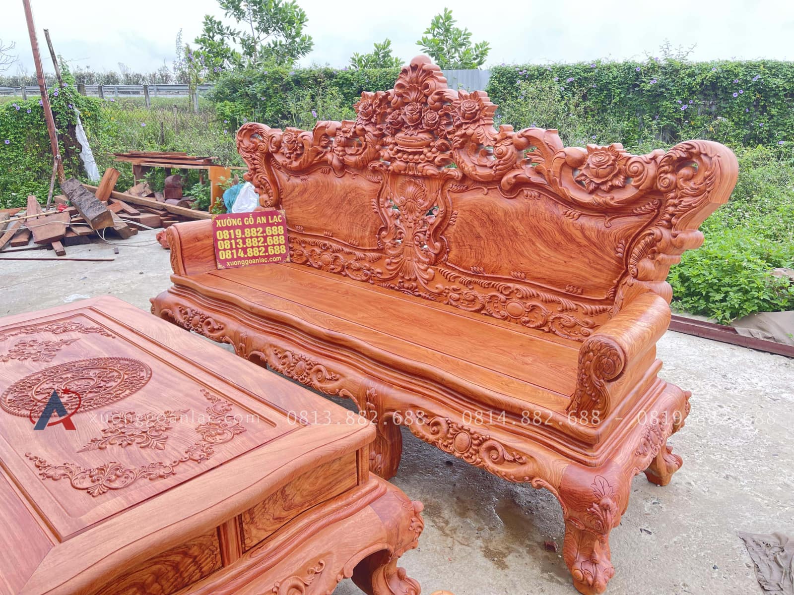 Bộ bàn ghế hoàng gia chân 14- 6 món gỗ hương đá cao cấp 32 đoản dài gỗ hương đá