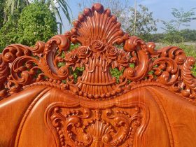 Bộ bàn ghế hoàng gia nguyên khối 10 món gỗ hương đá cao cấp 20 trung tâm vách ghế nguyên tấm đục lá tây