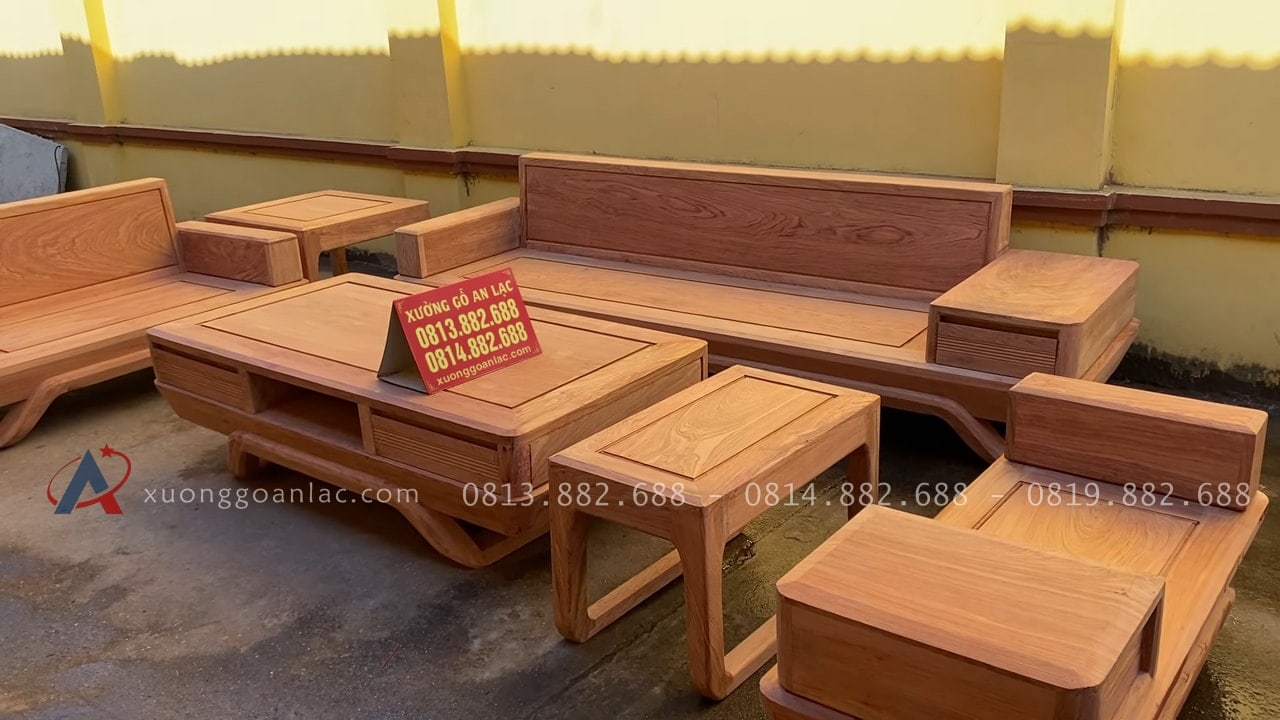 Cận cảnh bản mộc thô 2 bộ sofa chân chéo và chân đùi gà gỗ hương đá cao cấp 53 mẫu sofa chân chéo 6 món