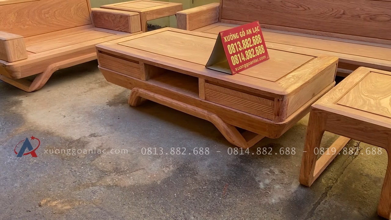 Cận cảnh bản mộc thô 2 bộ sofa chân chéo và chân đùi gà gỗ hương đá cao cấp 55 bàn trà gỗ hương đá