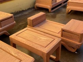 Cận cảnh bản mộc thô 2 bộ sofa chân chéo và chân đùi gà gỗ hương đá cao cấp 40 đôn con ngồi và đôn đầu bản