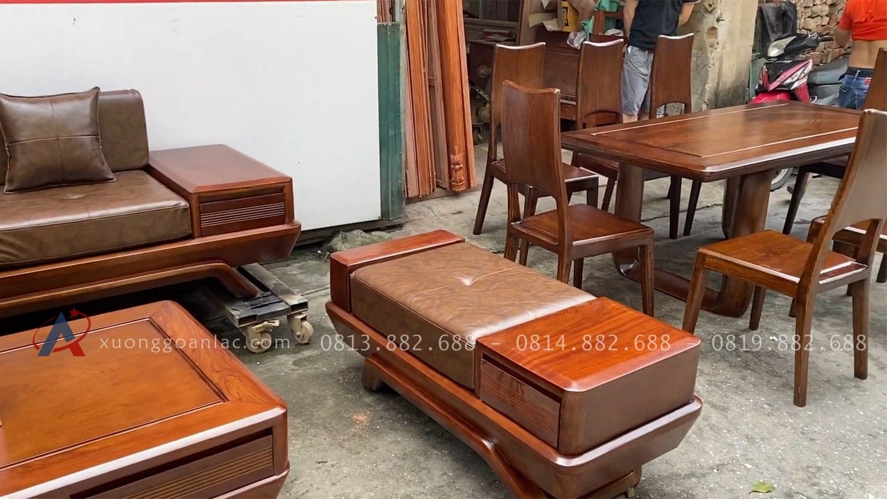 Combo sofa chân vát chéo kèm bộ đệm da Italia cao cấp và bộ bàn ghế ăn sồi hiện đại (Anh Dũng, Đà Nẵng) 52 đôn ngồi phụ tiện dụng