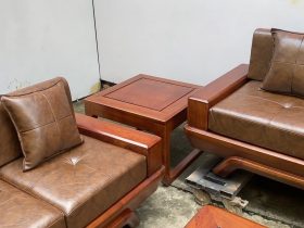 Combo sofa chân vát chéo kèm bộ đệm da Italia cao cấp và bộ bàn ghế ăn sồi hiện đại (Anh Dũng, Đà Nẵng) 33 đôn góc gỗ sồi