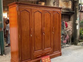 Combo tủ áo và giường ngủ gỗ gõ đỏ hàng đặt dày dặn 33 Tủ quần áo 3 buồng 4 canh hiện đại