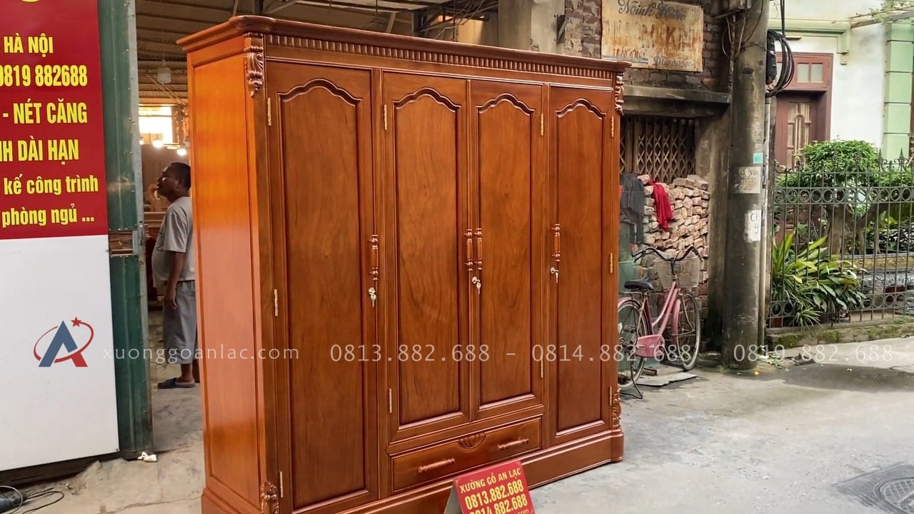 Combo tủ áo và giường ngủ gỗ gõ đỏ hàng đặt dày dặn 55 Tủ quần áo 3 buồng 4 canh hiện đại