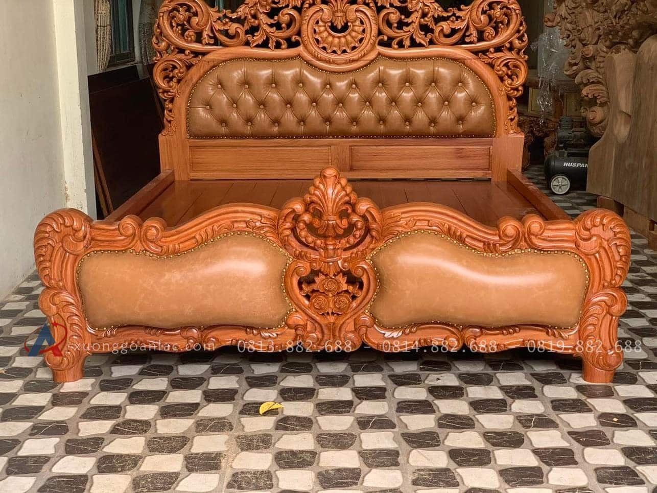Mẫu giường hoàng gia bọc đệm gỗ gõ đỏ cao cấp 13 giường ngủ 1m8