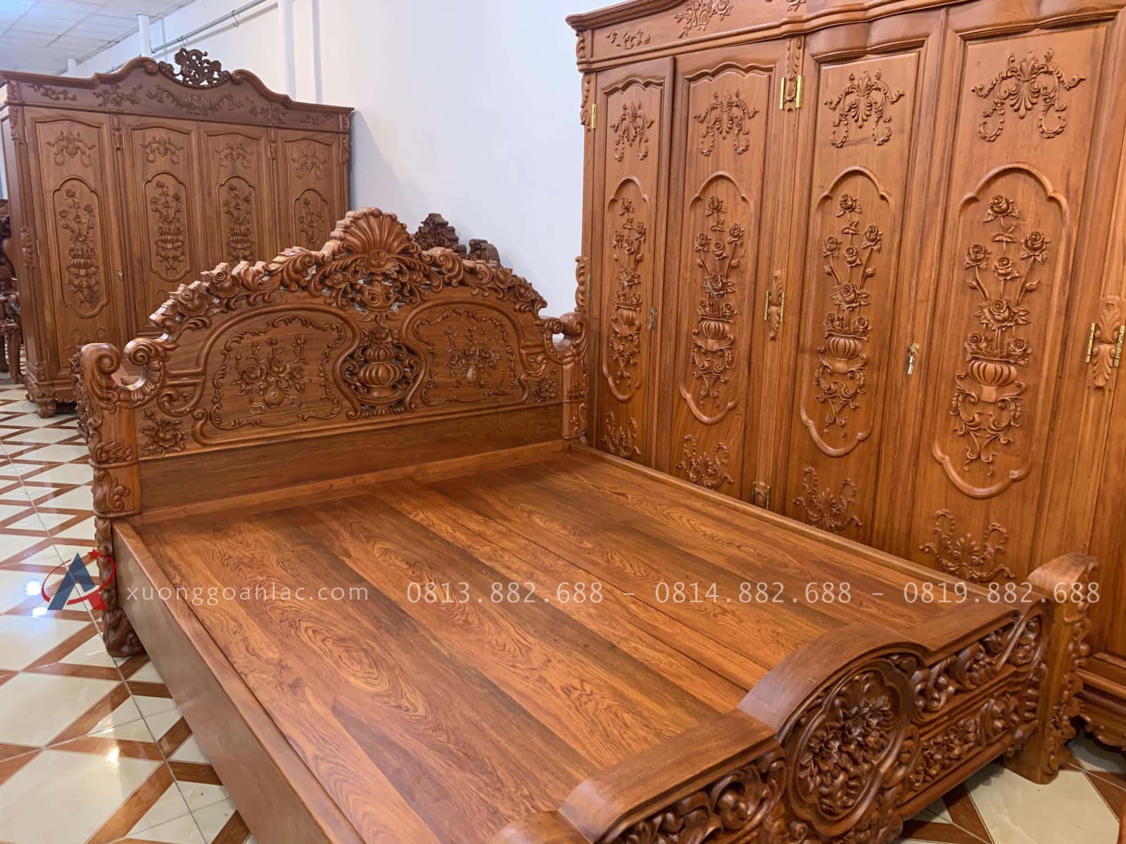 Giường louis hồng đại nguyên khối 200x220cm 8 giưởng ngủ louis hoa hồng