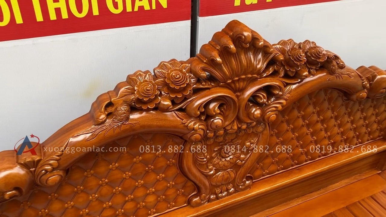 Giường hồng chim vách trám gỗ gõ đỏ 30 cận cảnh chương giường đục hoa hồng lá tây