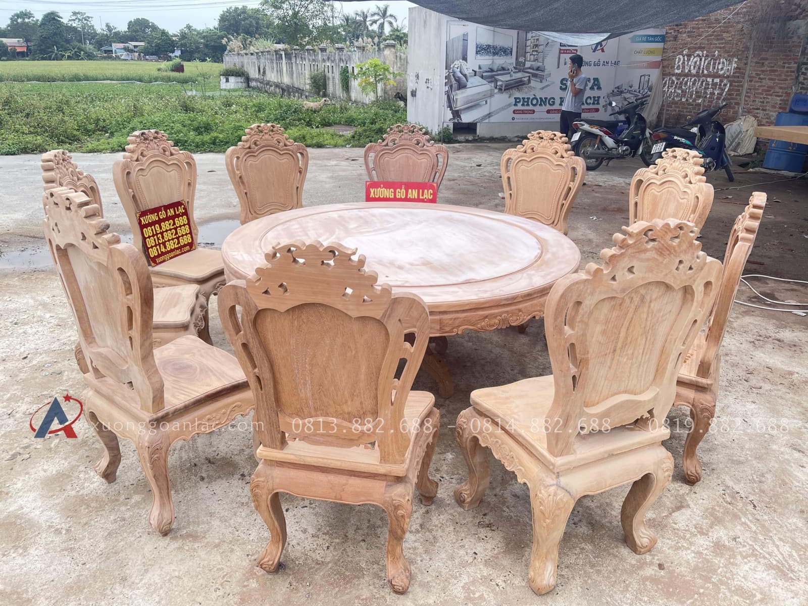 Bộ bàn ăn tròn 10 ghế louis gỗ gõ đỏ cao cấp hàng mộc (Anh Long, Nghệ An) 18 hàng mộc bộ bàn ăn tròn 10 ghế louis gỗ gõ đỏ