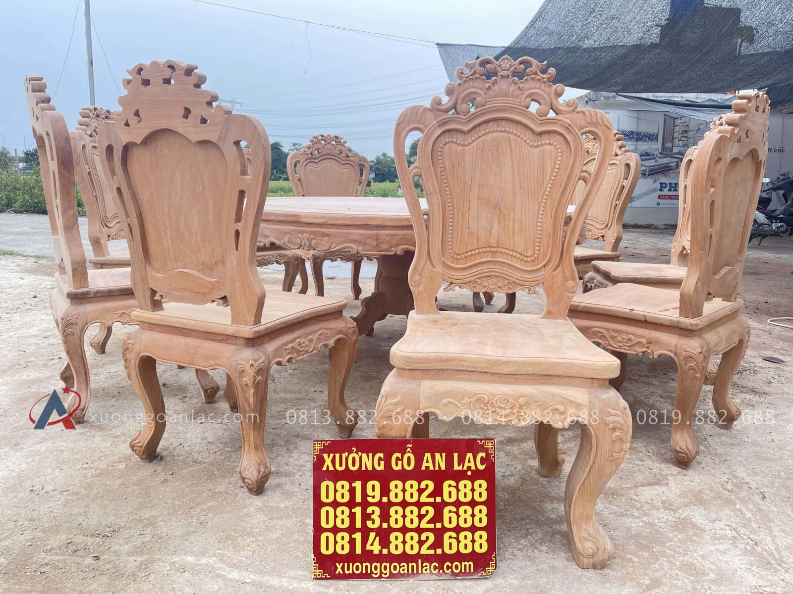 Bộ bàn ăn tròn 10 ghế louis gỗ gõ đỏ cao cấp hàng mộc (Anh Long, Nghệ An) 20 bộ bàn ăn10 ghế