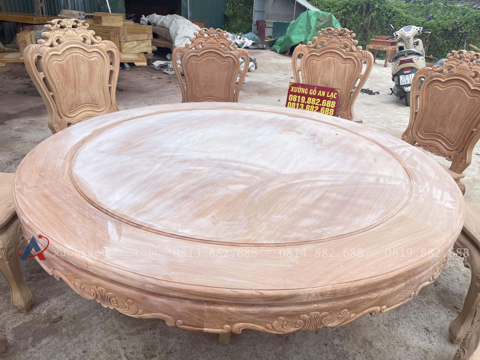 Bộ bàn ăn tròn 10 ghế louis gỗ gõ đỏ cao cấp hàng mộc (Anh Long, Nghệ An) 21 bàn ăn tròn gỗ gõ đỏ