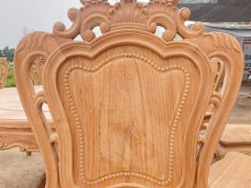 Bộ bàn ăn tròn 10 ghế louis gỗ gõ đỏ cao cấp hàng mộc (Anh Long, Nghệ An) 15 vách tựa lưng tạo hình đẹp mắt