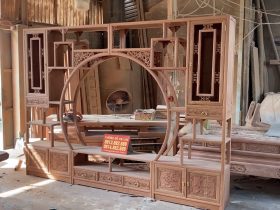 kệ tivi kết hợp trang trí hệ tủ zic zăc gỗ hương