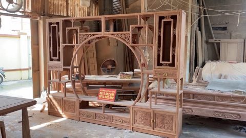 kệ tivi kết hợp trang trí hệ tủ zic zăc gỗ hương