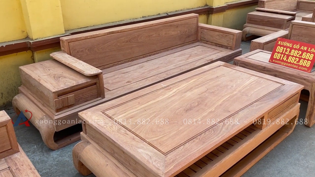 Hình ảnh chân thực bản mộc thô 2 bộ sofa đùi gà gỗ hương đá 45 mặt bàn khung tranh ván liền tấm