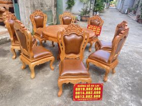 Siêu phẩm bàn ăn tròn 8 ghế louis gõ đỏ bọc đệm da bò thật hàng cao cấp (Chị Hằng, Hà Tĩnh) 9 bàn ghế ăn gỗ hương đá bọc đệm da