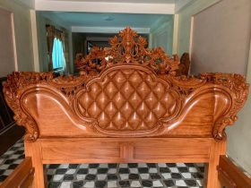 Hoàn Thiện giường louis hoàng gia gỗ hương đá 5 đầu giường cao đục tỉa hoa lá tây