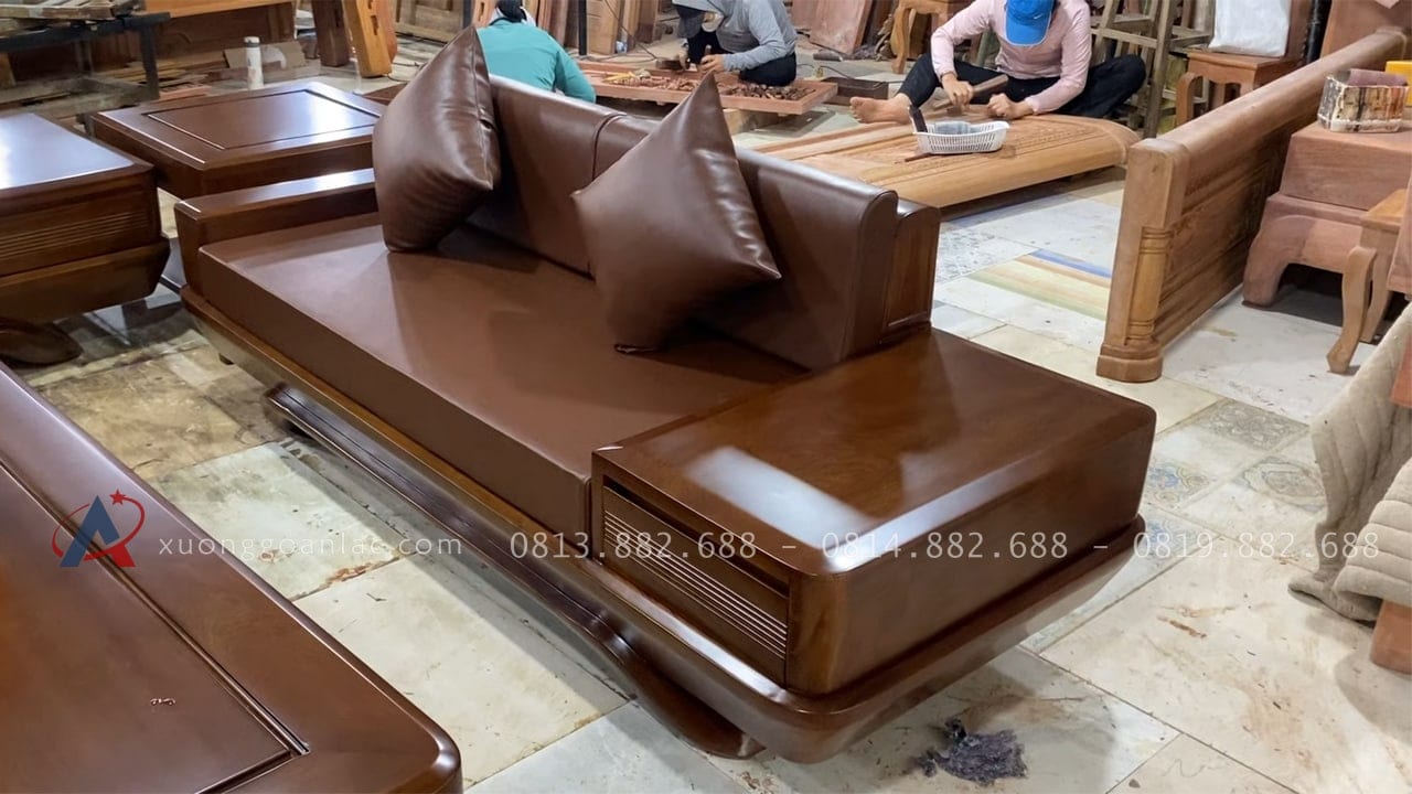 Bộ sofa chân chếch vát hàng đặt gỗ hương PU màu óc chó kèm bộ da đệm Hàn Quốc (Anh Thịnh - Hà Nam) 46 hai chiếc ghế đơn thiết kế đối nhau