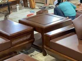 Bộ sofa chân chếch vát hàng đặt gỗ hương PU màu óc chó kèm bộ da đệm Hàn Quốc (Anh Thịnh - Hà Nam) 33 thiết kế đôn kẹp góc