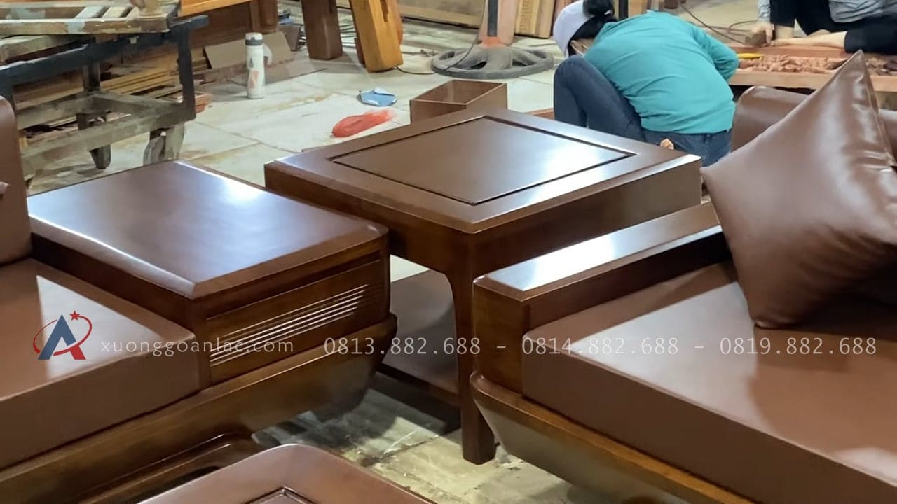 Bộ sofa chân chếch vát hàng đặt gỗ hương PU màu óc chó kèm bộ da đệm Hàn Quốc (Anh Thịnh - Hà Nam) 49 thiết kế đôn kẹp góc