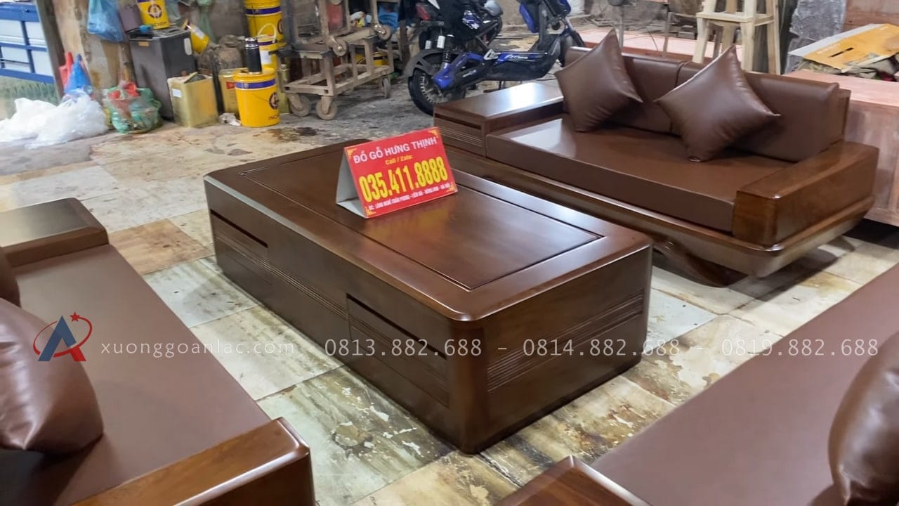 Bộ sofa chân chếch vát hàng đặt gỗ hương PU màu óc chó kèm bộ da đệm Hàn Quốc (Anh Thịnh - Hà Nam) 3 Thiết kế bàn trà độc đáo dạng khối hộp lạ mắt