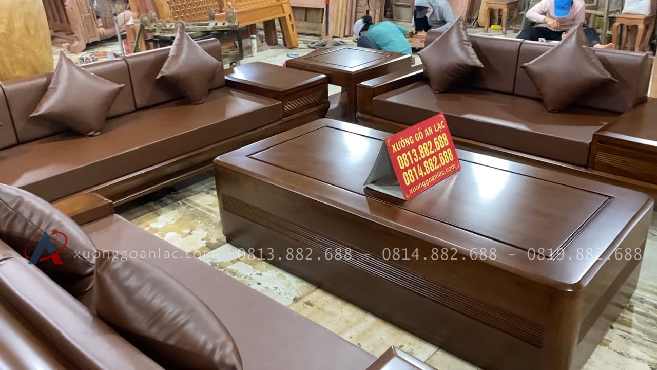Bộ sofa chân chếch vát hàng đặt gỗ hương PU màu óc chó kèm bộ da đệm Hàn Quốc (Anh Thịnh - Hà Nam) 37 thiết kế bàn trà gỗ hương đá