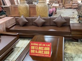 Bộ sofa chân chếch vát hàng đặt gỗ hương PU màu óc chó kèm bộ da đệm Hàn Quốc (Anh Thịnh - Hà Nam) 22 ghế băng dài 3 chỗ cực rộng rãi