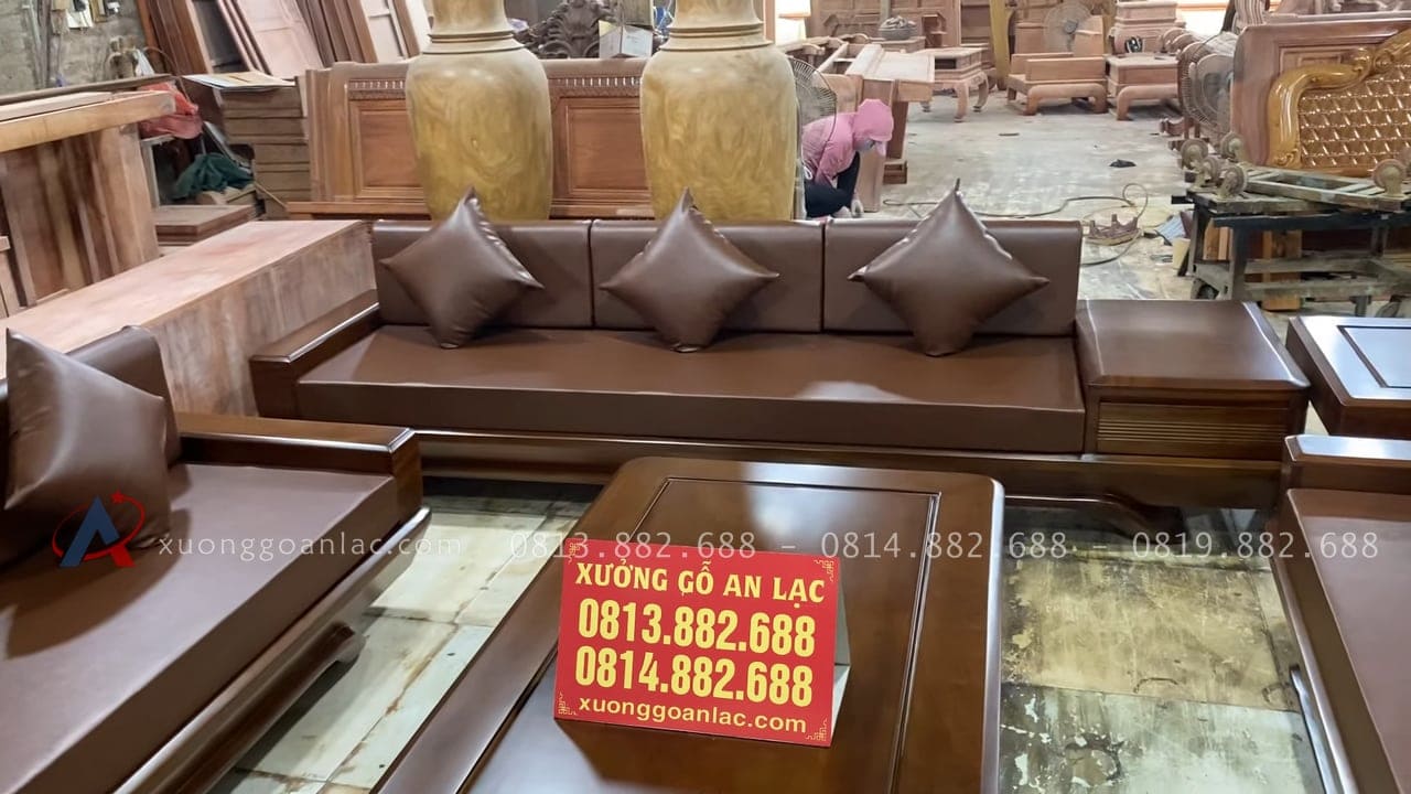Bộ sofa chân chếch vát hàng đặt gỗ hương PU màu óc chó kèm bộ da đệm Hàn Quốc (Anh Thịnh - Hà Nam) 38 ghế băng dài 3 chỗ cực rộng rãi