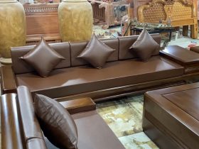 Bộ sofa chân chếch vát hàng đặt gỗ hương PU màu óc chó kèm bộ da đệm Hàn Quốc (Anh Thịnh - Hà Nam) 23 ghế băng gỗ hương đá cao cấp