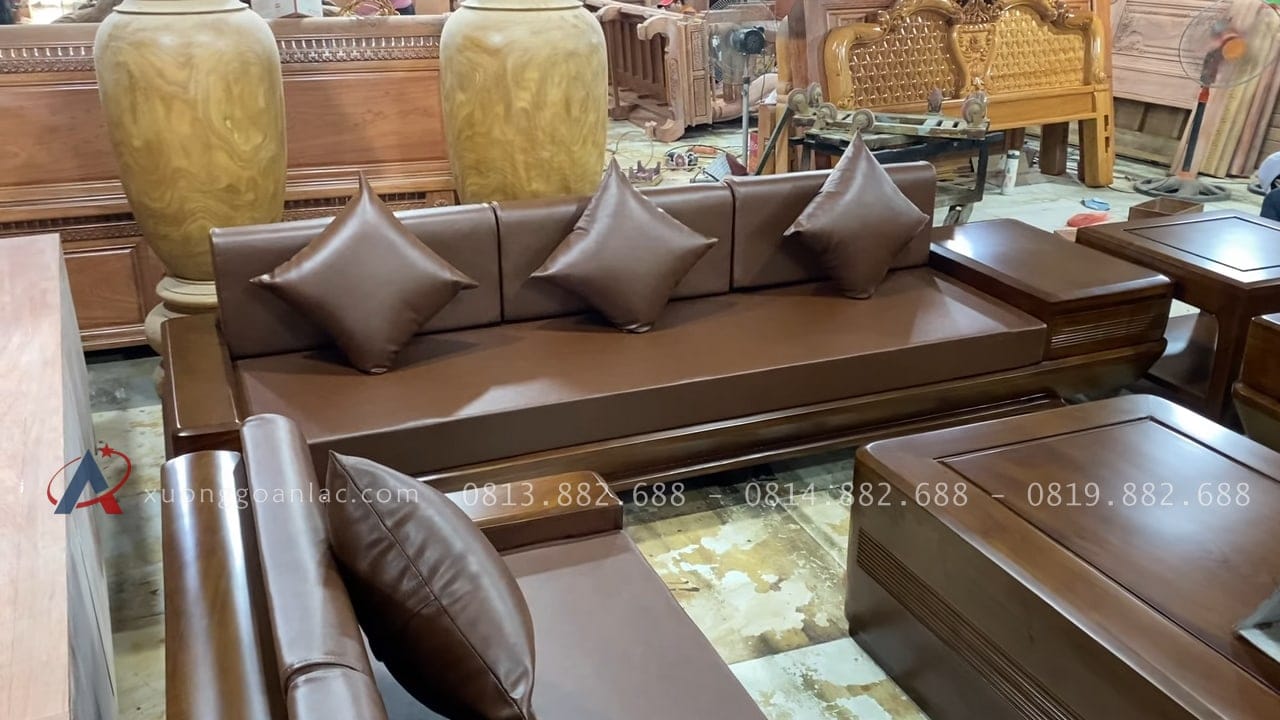 Bộ sofa chân chếch vát hàng đặt gỗ hương PU màu óc chó kèm bộ da đệm Hàn Quốc (Anh Thịnh - Hà Nam) 39 ghế băng gỗ hương đá cao cấp