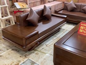 Bộ sofa chân chếch vát hàng đặt gỗ hương PU màu óc chó kèm bộ da đệm Hàn Quốc (Anh Thịnh - Hà Nam) 24 ghế đôi gỗ hương đá