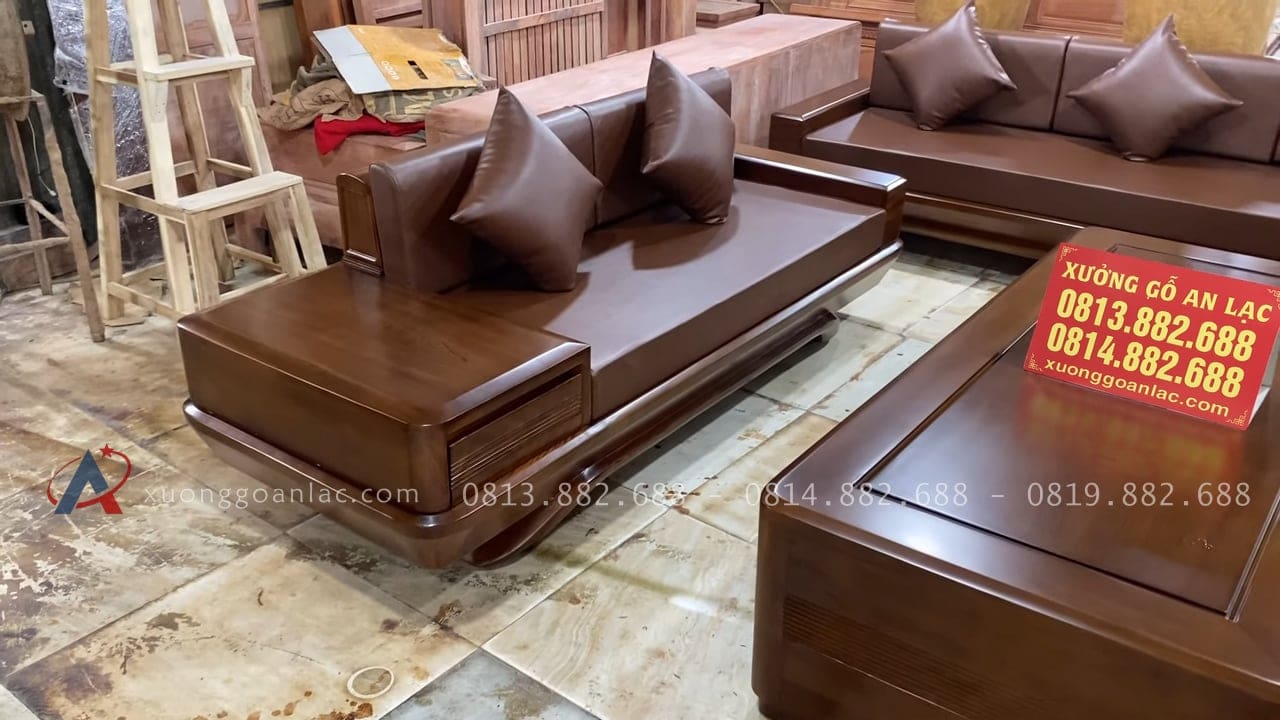 Bộ sofa chân chếch vát hàng đặt gỗ hương PU màu óc chó kèm bộ da đệm Hàn Quốc (Anh Thịnh - Hà Nam) 40 ghế đôi gỗ hương đá