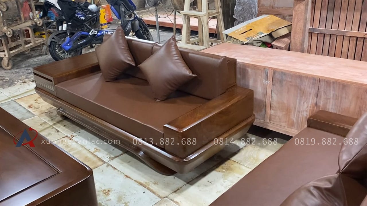 Bộ sofa chân chếch vát hàng đặt gỗ hương PU màu óc chó kèm bộ da đệm Hàn Quốc (Anh Thịnh - Hà Nam) 41 ghế đôi kết cấu đóng hộp