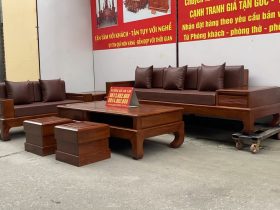 sofa góc mẫu chân hươu cong gỗ hương đá phun màu óc chó