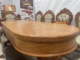 Bàn ăn bầu dục kết hợp 10 ghế bọc đệm gỗ gõ đỏ siêu vip (Chú Nghĩa - Hưng Yên) 11 mặt bàn gỗ liền tấm dày 6p