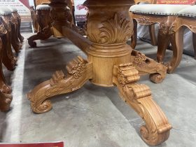 Bàn ăn bầu dục kết hợp 10 ghế bọc đệm gỗ gõ đỏ siêu vip (Chú Nghĩa - Hưng Yên) 12 chân trụ dày 25cm