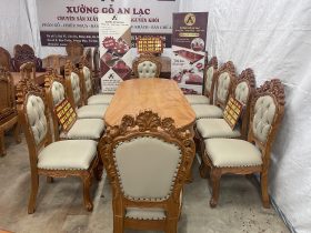 Bàn ăn bầu dục kết hợp 10 ghế bọc đệm gỗ gõ đỏ siêu vip (Chú Nghĩa - Hưng Yên) 13 bộ bàn ăn 10 ghế hoàng gia